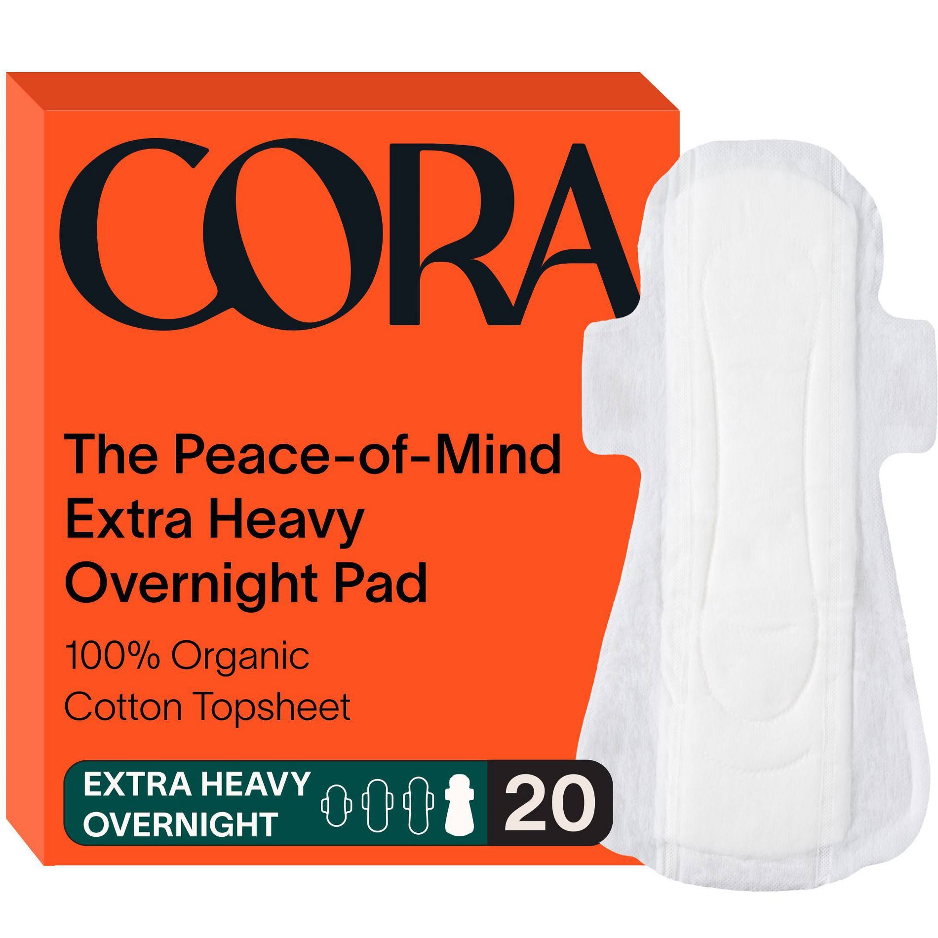 Cora Extra Heavy Overnight Pads with Wings Organic Cotton Topsheet - Ultra Thin - 20ct