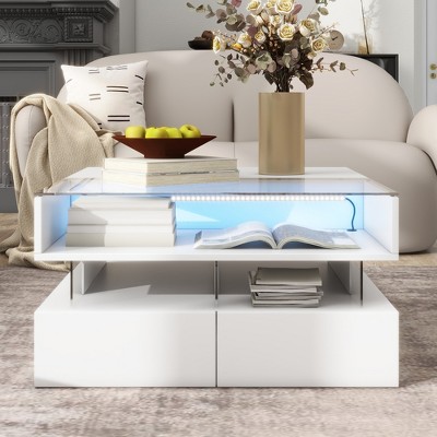 Damerin High-Gloss Lift-Top Square Accent Coffee Table With Drawers,Hidden Space And LED Lights-White