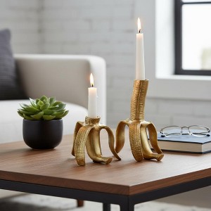 Decorative Banana Candle Holders - Metal Taper Candlestick Holder for Centerpieces, Living Room, Shelf, Office, or Home Decor - Set of 2, 7", 5", Gold - 1 of 4