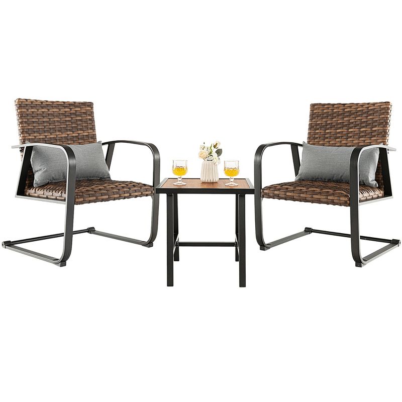 Costway 3 PCS Patio Rattan Furniture Bistro Set C-Spring Chair Padded Seat & Back Pillow Quick Dry, 4 of 11