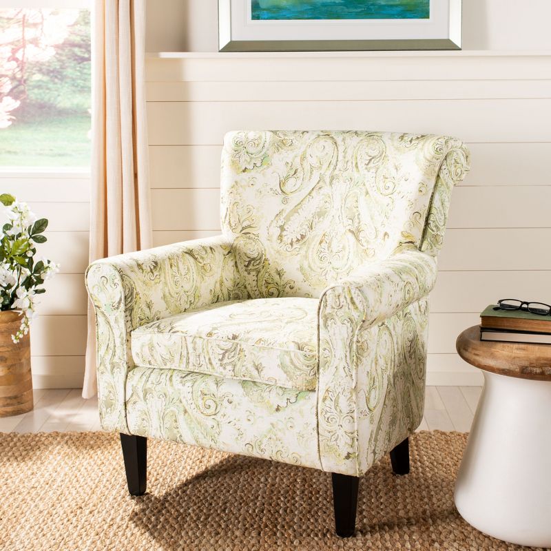 Contemporary Floral Green Linen-Blend Wood Accent Chair