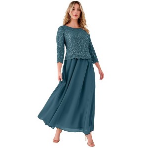 Roaman's Plus Size Sparkle Lace Popover A-Line Gown With 3/4 Sleeves - 1 of 4