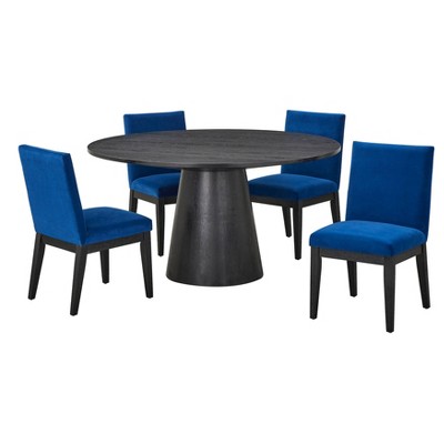 5Pc North Bay Round Dining Set Navy - Buylateral: Mid-Century, Velvet Chairs, Rubberwood