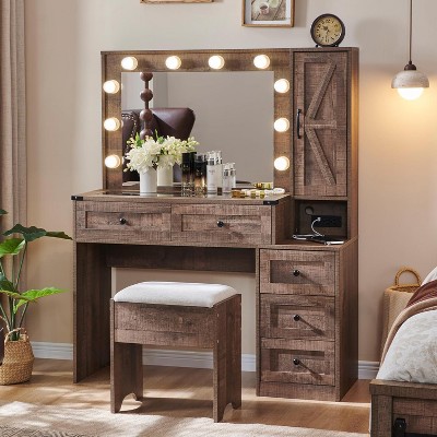 OKD Vanity Tables with Charging Station & 2 Visible Drawers, 43" W Modern Vanity Makeup Desk with Lights Mirror and Drawers