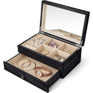 2-Layer Wooden Jewelry Box with Mirror and Ring Tray Vintage Style - 1 of 4