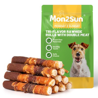 MON2SUN Dog Treats, Triple Flavor 6 Inch Chicken Liver Duck and Chicken Wrapped Rawhide Sticks, Teeth Cleaning Snacks for Medium Dogs