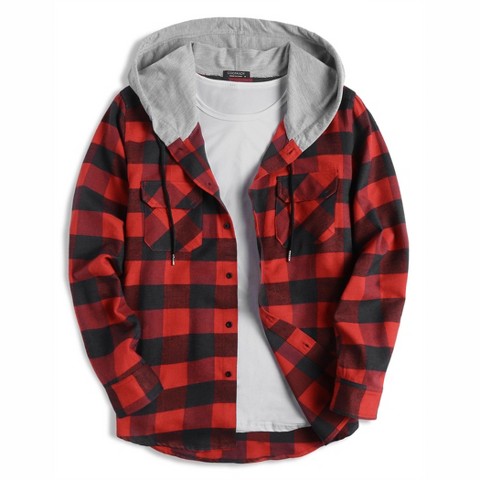 COOFANDY Men's Plaid Hoodie Flannel Shirt Jacket Long Sleeve Casual Fashion Button Shirts Red XL