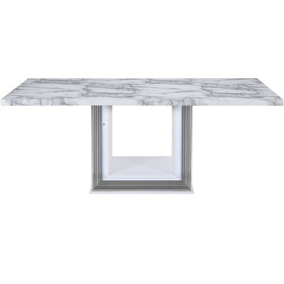 HomeRoots 79" Light Gray and White Marble and Wood Pedestal Base Dining Table