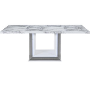 HomeRoots 79" Light Gray and White Marble and Wood Pedestal Base Dining Table - 1 of 4