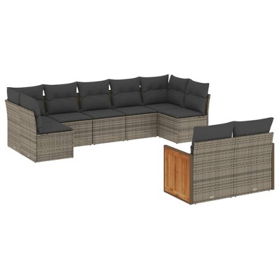 vidaXL 9 Piece Patio Sofa Set with Cushions Gray Poly Rattan - Gray Without Table