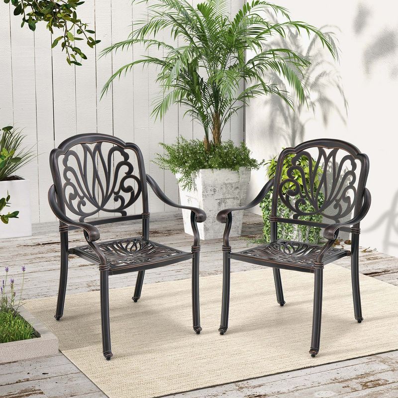 Costway 2pcs Patio Cast Aluminum Dining Chairs Armrests Outdoor Stackable Bronze/White, 3 of 9