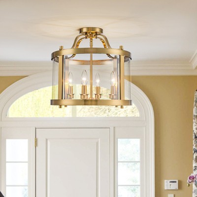 LLHZSY 15 7/10" Modern Semi Flush-Mount Glass Ceiling Light Fixture  4-Light Drum Round Clear Glass Light Fixture for Kitchen Foyer Hallway -Gold