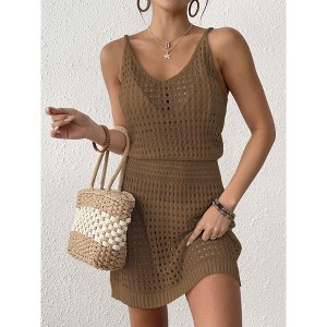 Coolmee Womens Swimsuit Crochet Sleeveless Cover Ups Summer Hollow Out Knit Bathing Suit Beach Coverup Dress - 1 of 4