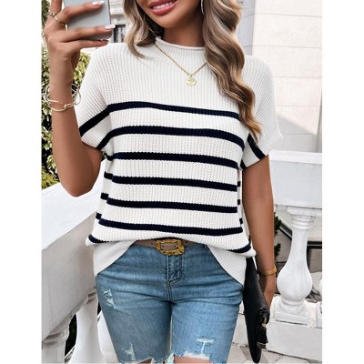 Women's Color Block Short Sleeve Sweater - Stylish Casual Knit Pullover Top with Contrast Trim
