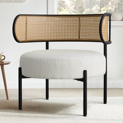 Marse Boucle Accent Chair with Rattan Back, Boucle Rattan Accent Chair with Black Metal Base for Living Room, Armrest & Armless - Maison Boucle