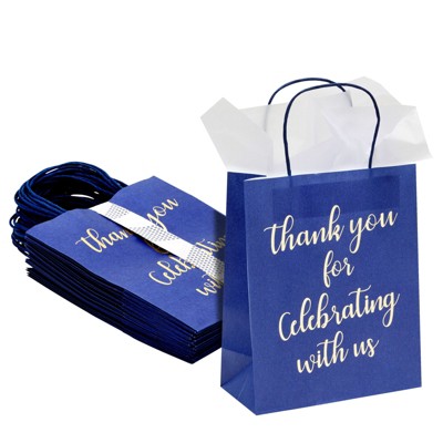 Sparkle and Bash 24 Pack Medium Paper Gift Bags with Tissue Paper for Party Favor, Thank You for Celebrating with us, Blue