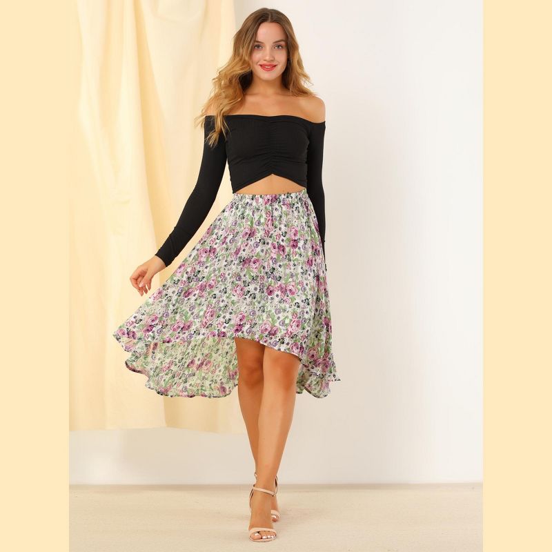 Allegra K Women's High Low Hem Elastic Waist Lurex Chiffon A-Line Midi Floral Skirt, 2 of 6