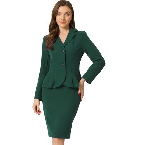INSPIRE CHIC Women's Business Long Sleeve Notched Lapel Peplum Blazer Pencil Skirt Suit Set 2 Pcs - 1 of 4