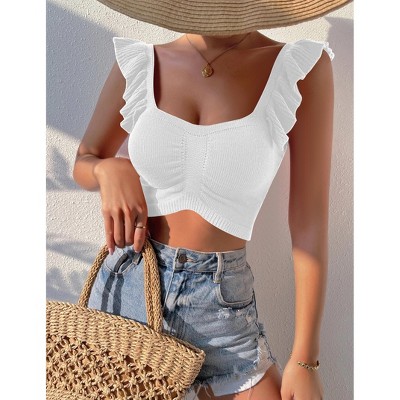 Womens Sleeveless Halter Crop Top Knit Sweater Vest Ribbed Camisole Tank Tops