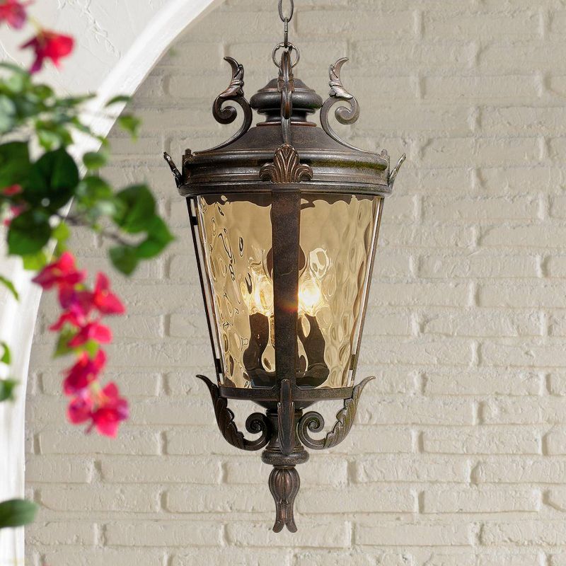 John Timberland Casa Marseille Rustic Vintage Flush Mount Outdoor Hanging Light Bronze Scroll 23 3/4" Champagne Hammered Glass for Post Exterior Barn, 2 of 8