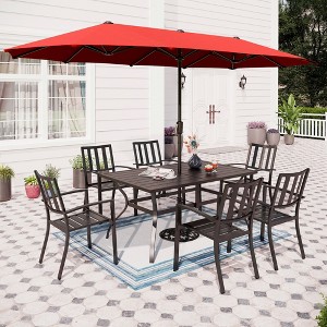 Captiva Designs 8pc Patio Slat-top Rectangle Steel Table & Metal Stackable Chairs & 13ft Large Umbrella - 1 of 4