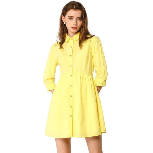Allegra K Women's 3/4 Sleeve Button Front Flare Mini Shirt Dress Lemon ...