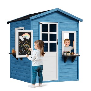 COZONY Outdoor Playhouse for Kids with Chalkboard, Wooden Play House with Working Door Window Boxes for Backyard Garden Play - 1 of 4