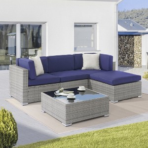 Sonkuki 5-Piece Patio Conversation Sets, Brown Ratten Sectional Sofa Set with Cushion - 1 of 4