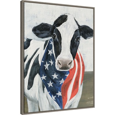Patriotic Cow with American Flag Canvas Framed Wall Art