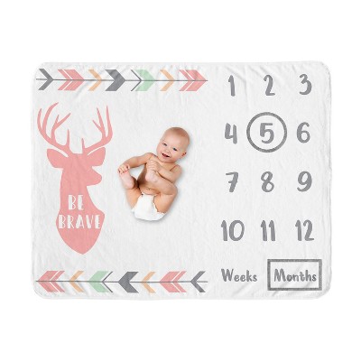 Image of Sweet Jojo Designs Girl Baby Milestone Blanket Woodsy Coral Pink, Green and Grey