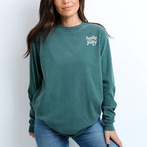 Simply Sage Market Women's Embroidered Whimsical Holly Jolly Stars Long Sleeve Garment Dyed Tee - 1 of 4