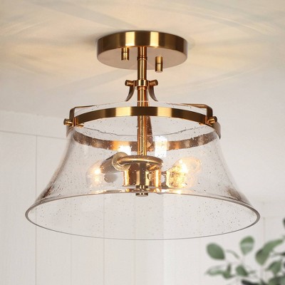 Auisre 2-Light Polished Gold Drum LED Semi-Flush Mount with Seeded Glass