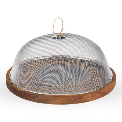 Acacia Wood and Slate Round Cheese Board with Mesh Dome Cover