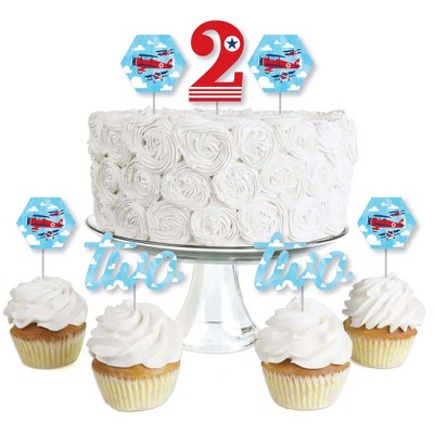 Big Dot of Happiness 2nd Birthday Taking Flight - Airplane - Dessert Cupcake Toppers - Vintage Plane Second Birthday Party Clear Treat Picks - 24 Ct