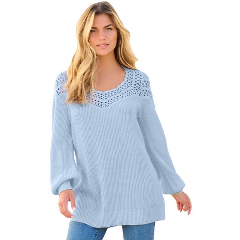 Roaman s Women s Plus Size Sweetheart Crochet Pullover Sweater 14 16 Pale Blue