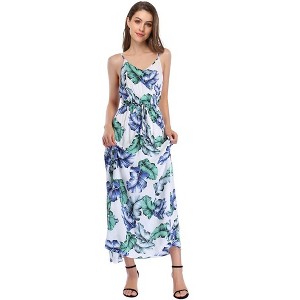 Women's 2025 Summer Beach Dress Floral V-Neck Tie Front Spaghetti Strap Flowy Long Boho Maxi Dress - 1 of 4