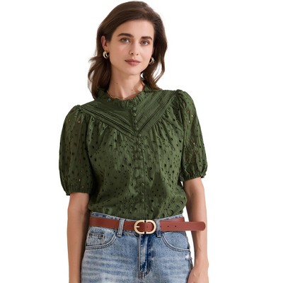 INSPIRE CHIC Women's Summer Crochet Hollow Out Floral Ruffle Neck Puff Short Sleeve Button Down Blouse