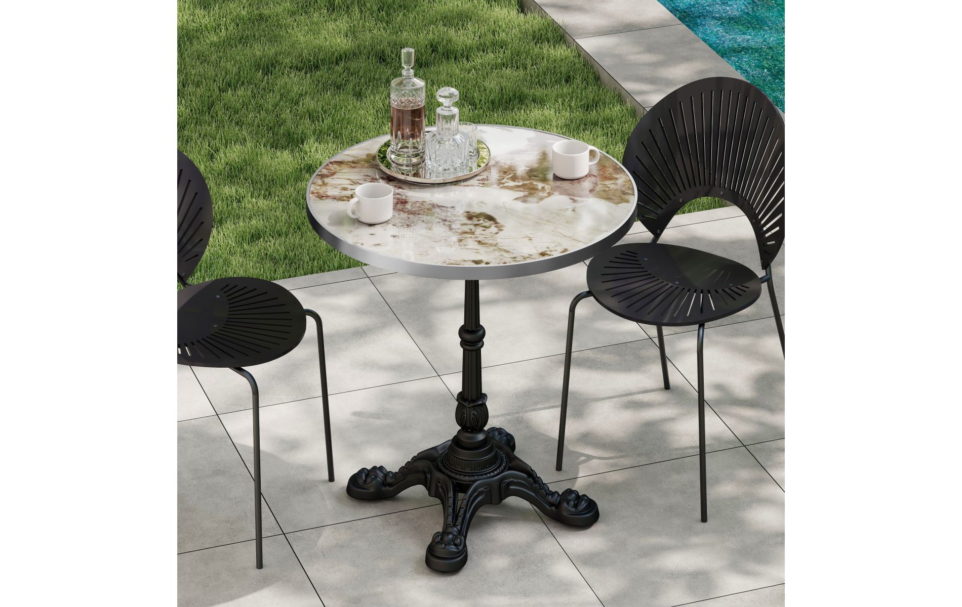 31.5" Round Outdoor Dining Table with Beige Faux Marble Stone Top, Heavy-Duty Cast Iron Pedestal Base, Small Bistro Table for Patio-Panipeachy