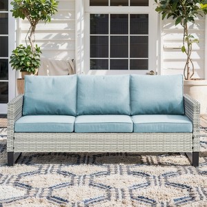 POCASSY 74.4" Outdoor Wicker Couch with Metal Armrest, 3-Seater Couch with Square Armrest Patio Furniture Sofa for Porch Balcony - 1 of 4