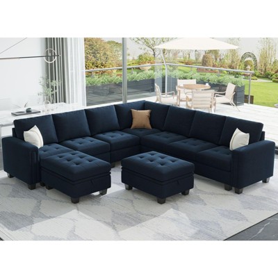 Belffin Modular Velvet Tufted U Shaped Sofa Couch with Storage Ottoman 9-Seater