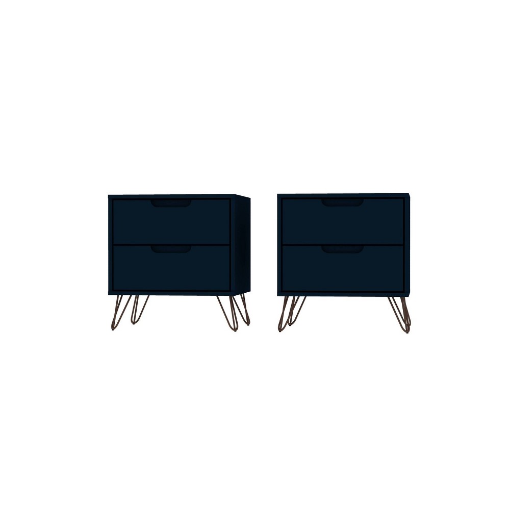 Set of 2 Rockefeller 2 Drawer Nightstands Tatiana Midnight Blue - Manhattan Comfort: Modern Splayed Metal Legs, MDF