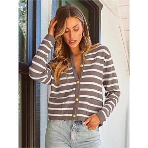 Womens Cardigan Sweaters Front Button Stripes Cardigan At Waist Long Sleeve Casual Sweater Jackets Soft Open Front Cardigan - 1 of 3