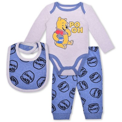 Image of Disney Boy's 3-Piece Winnie The Pooh Long Sleeve Baby Bodysuit Creeper, Bib and Jogger Pant Set - Grey, Blue / Size 9M