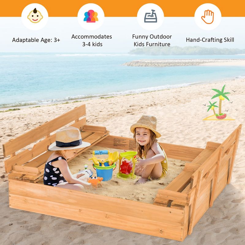 Costway Kids Large Wooden Sandbox w/Cover 2 Convertible Bench Seats for Outdoor Play, 4 of 11