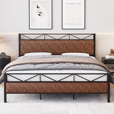 Bed Frame with PU Leather Headboard and Footboard Upholstered Platform Bed with 14 Strong Metal Slats 11inch Under-Bed Storage Noise-Free Easy Assemb