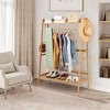 Costway 2-Tier Bamboo Garment Rack Clothing Storage Organizer Coat Hanger w/ Rod & Hooks - 3 of 4