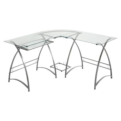 L Shaped Glass and Metal Corner Computer Desk Silver - Saracina Home