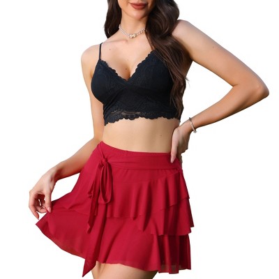 INSPIRE CHIC Women's Flowy Mesh Layered Ruffled Hem Elastic Tie Waist Tiered A-Line Mini Skirt