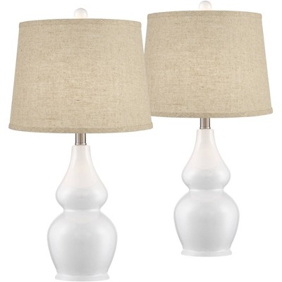 360 Lighting Modern Country Cottage Table Lamps Set of 2 White Ceramic Double Gourd Burlap Drum Shade Living Room Bedroom House