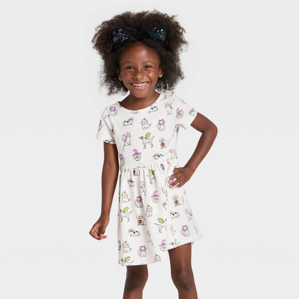 Toddler Girls' Short Sleeve Halloween Animals Dress - Cat & Jack™ Cream 5T